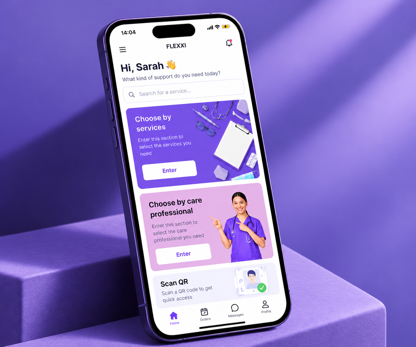 Flexxi home screen greeting Sarah on a phone, with care service and care professional options