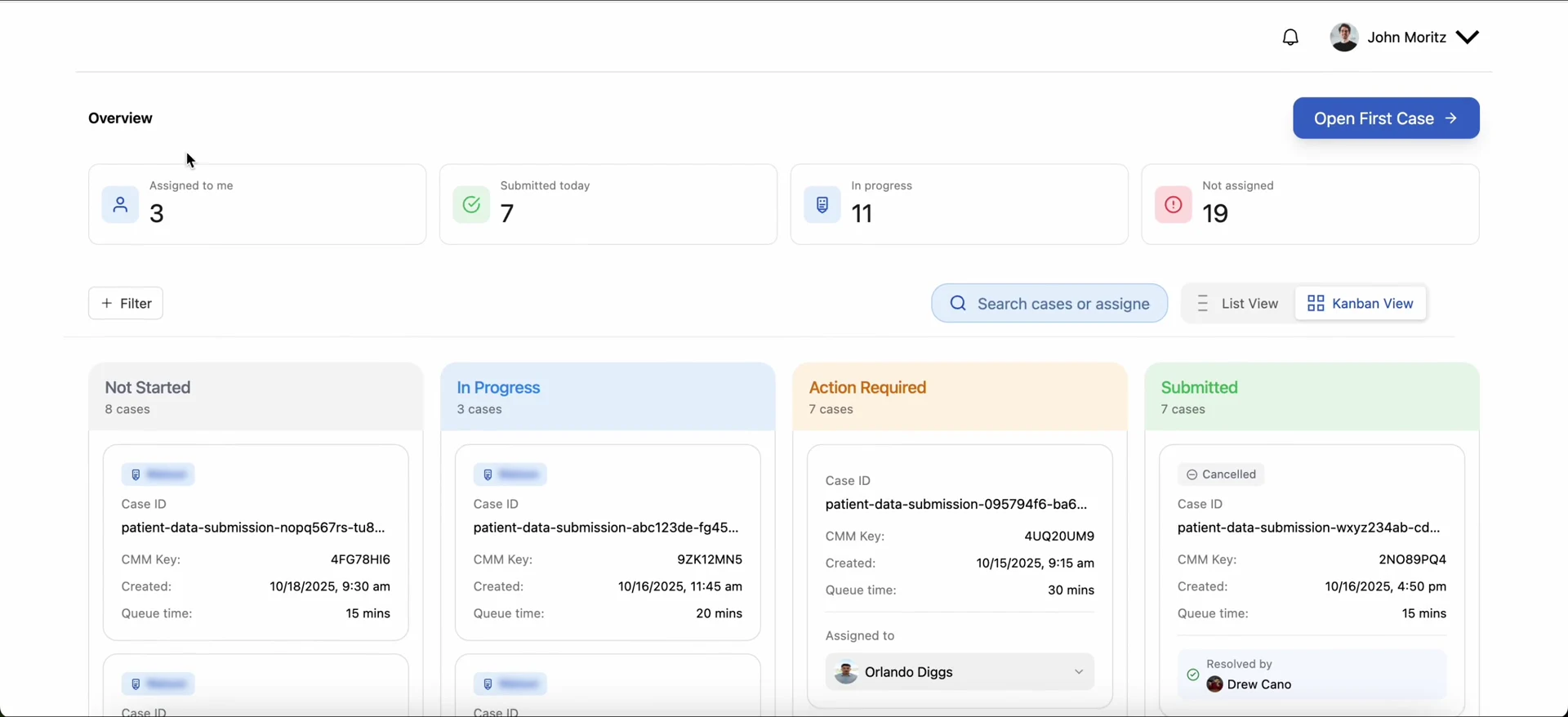 Neon cases grouped by status in kanban view